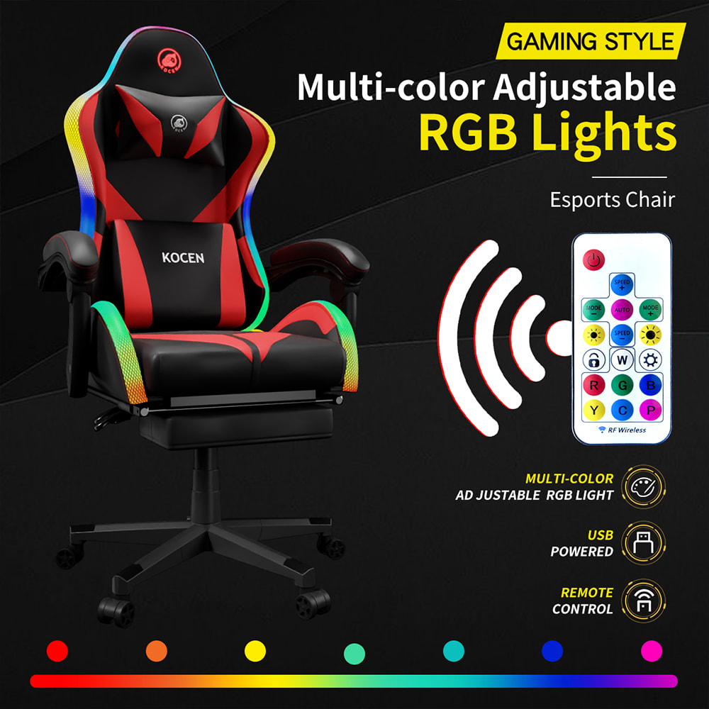 كرسي ألعاب مصنوع من جلد البولي يوريثان، كرسي للرياضات الإلكترونية مع أضواء RGB متعددة الألوان قابلة للتعديل، يعمل بمنفذ USB، جهاز تحكم عن بعد كرسي ألعاب مصنوع من جلد البولي يوريثان، كرسي للرياضات الإلكترونية مع أضواء RGB متعددة الألوان قابلة للتعديل، يعمل بمنفذ USB، جهاز تحكم عن بعد